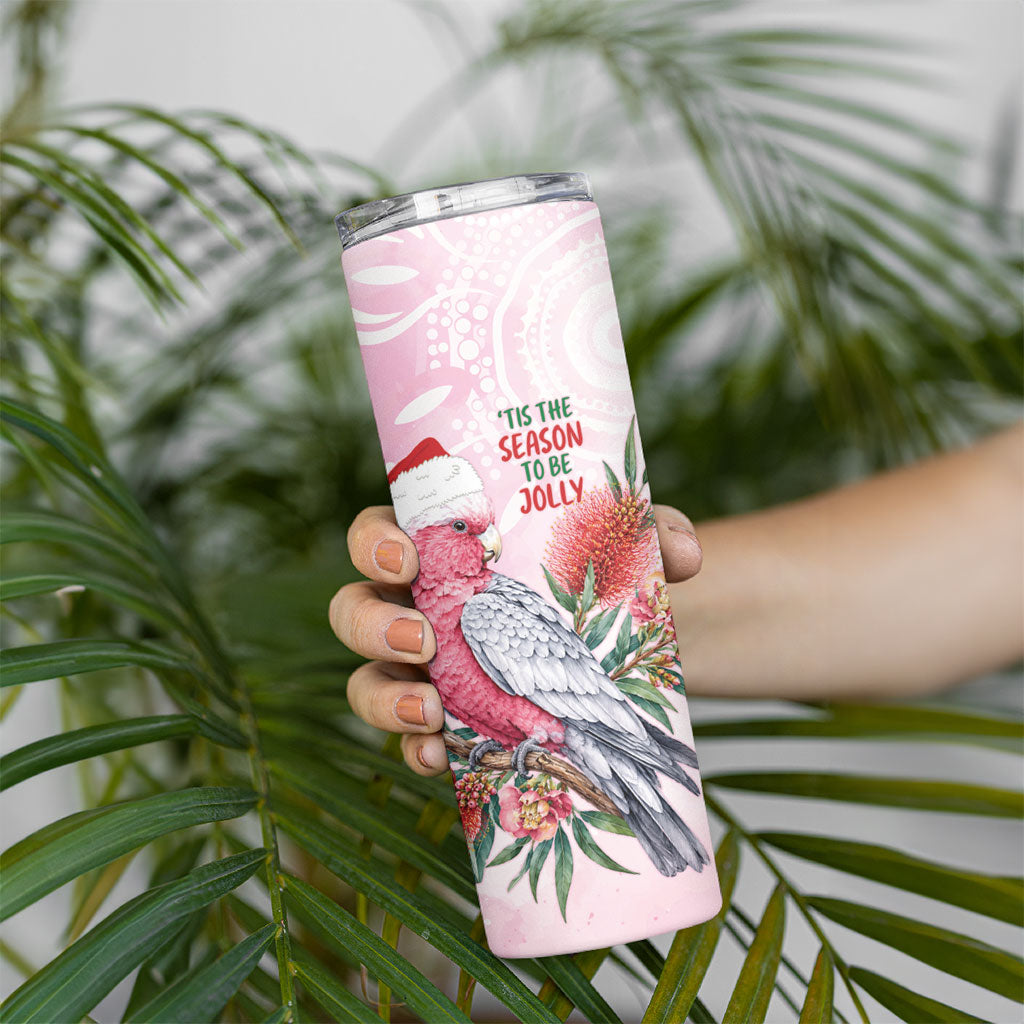 Pink Galah Christmas Australia Skinny Tumbler Watercolor Painting Aboriginal Art