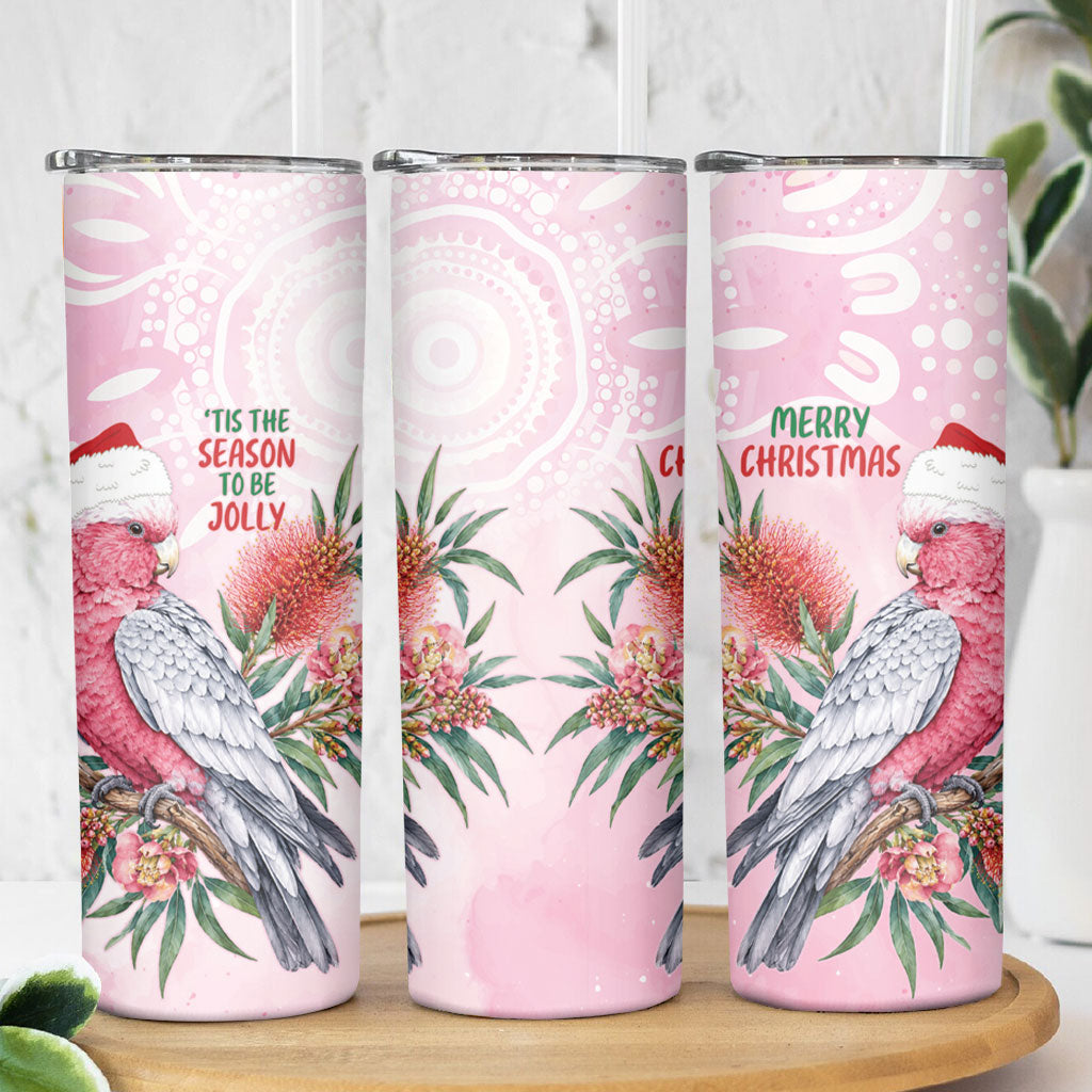 Pink Galah Christmas Australia Skinny Tumbler Watercolor Painting Aboriginal Art