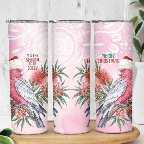 Pink Galah Christmas Australia Skinny Tumbler Watercolor Painting Aboriginal Art