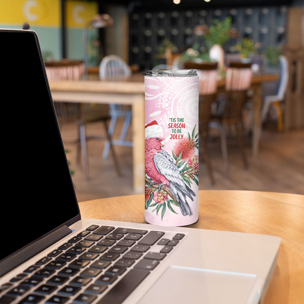 Pink Galah Christmas Australia Skinny Tumbler Watercolor Painting Aboriginal Art