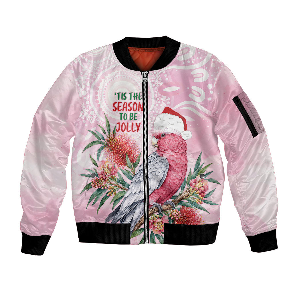 Pink Galah Christmas Australia Sleeve Zip Bomber Jacket Watercolor Painting Aboriginal Art