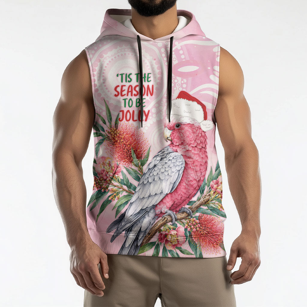 Pink Galah Christmas Australia Sleeveless Hoodie Watercolor Painting Aboriginal Art