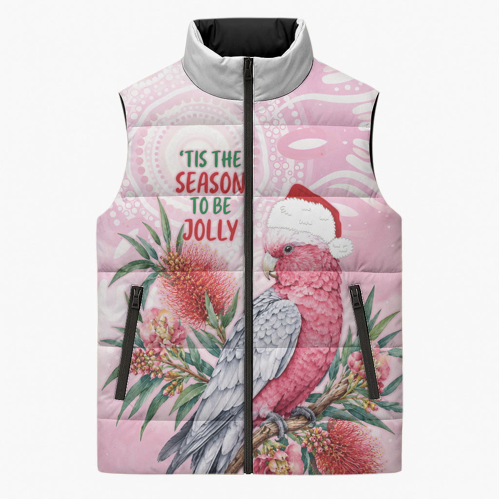 Pink Galah Christmas Australia Sleeveless Puffer Jacket Watercolor Painting Aboriginal Art