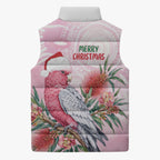 Pink Galah Christmas Australia Sleeveless Puffer Jacket Watercolor Painting Aboriginal Art