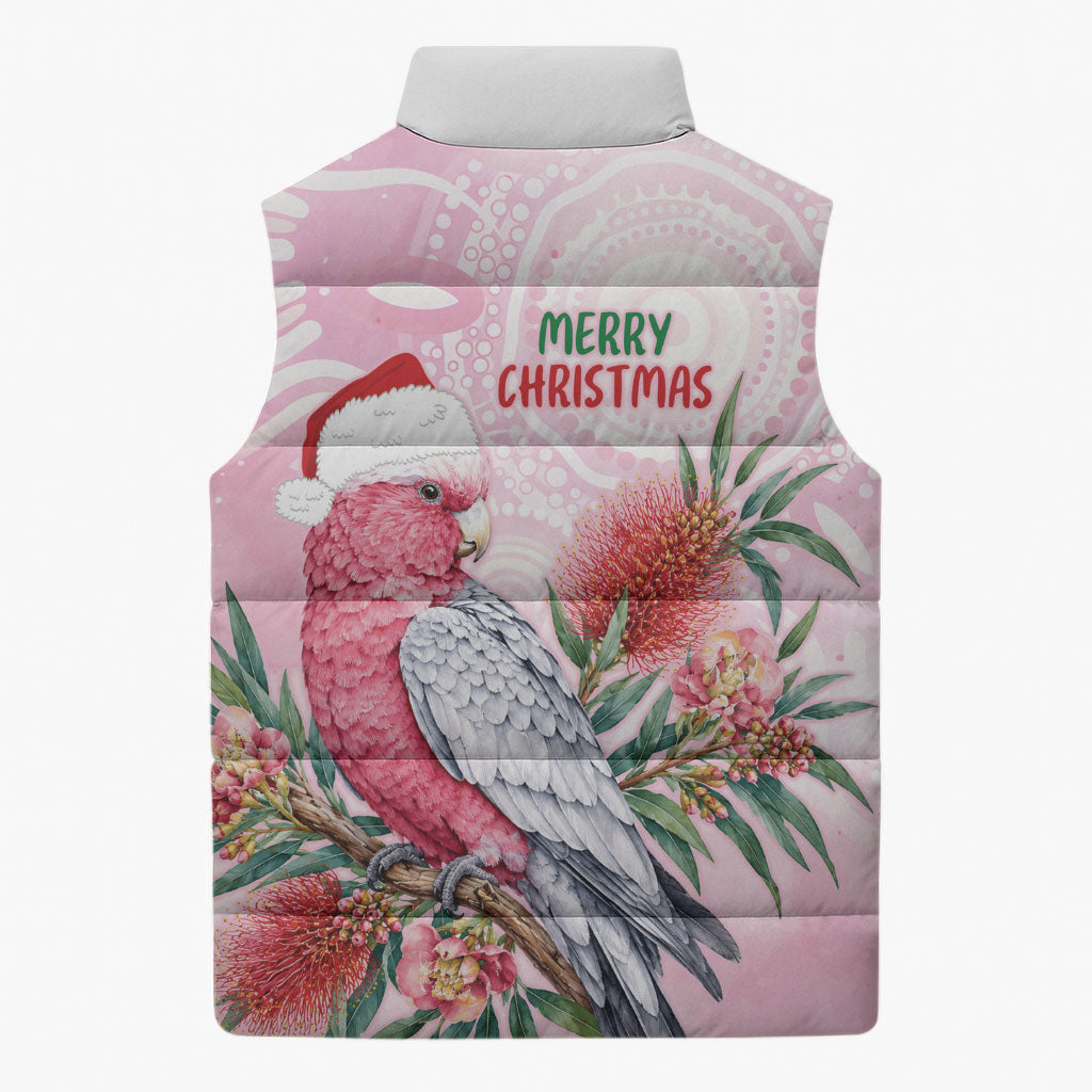 Pink Galah Christmas Australia Sleeveless Puffer Jacket Watercolor Painting Aboriginal Art
