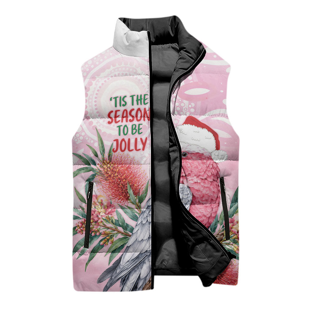 Pink Galah Christmas Australia Sleeveless Puffer Jacket Watercolor Painting Aboriginal Art