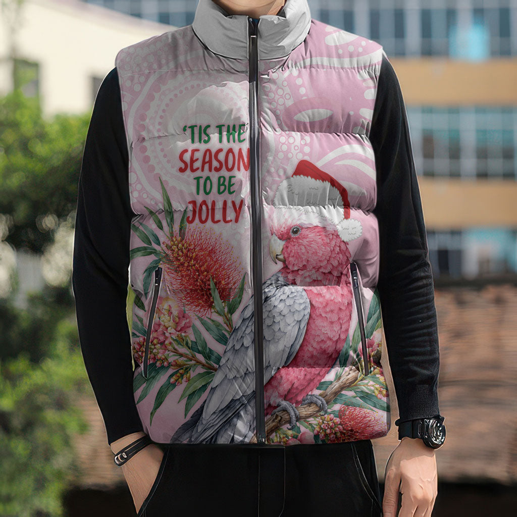Pink Galah Christmas Australia Sleeveless Puffer Jacket Watercolor Painting Aboriginal Art
