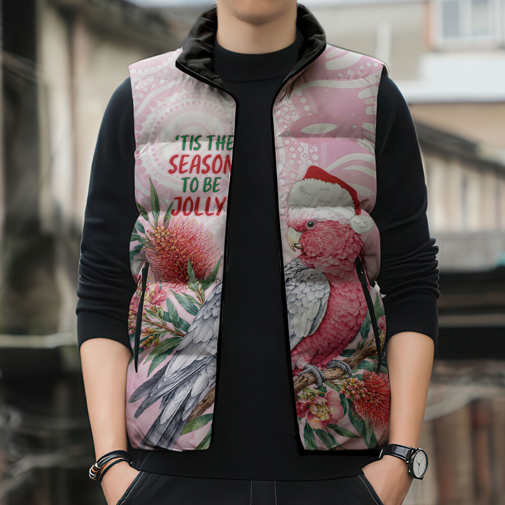 Pink Galah Christmas Australia Sleeveless Puffer Jacket Watercolor Painting Aboriginal Art