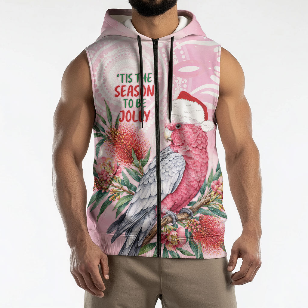 Pink Galah Christmas Australia Sleeveless Zip Hoodie Watercolor Painting Aboriginal Art