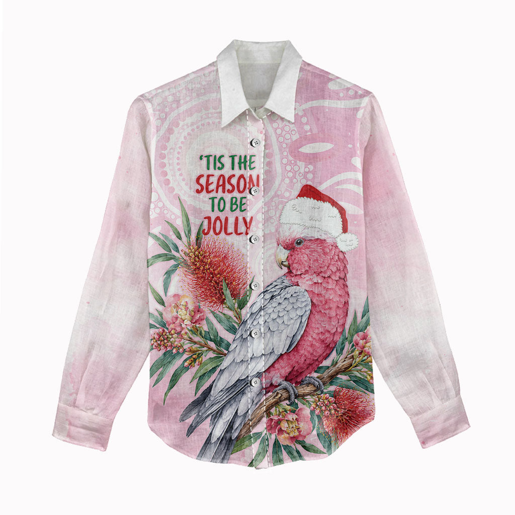 Pink Galah Christmas Australia Women Casual Shirt Watercolor Painting Aboriginal Art