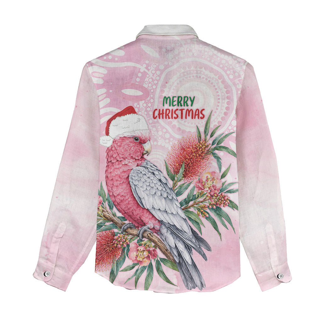 Pink Galah Christmas Australia Women Casual Shirt Watercolor Painting Aboriginal Art