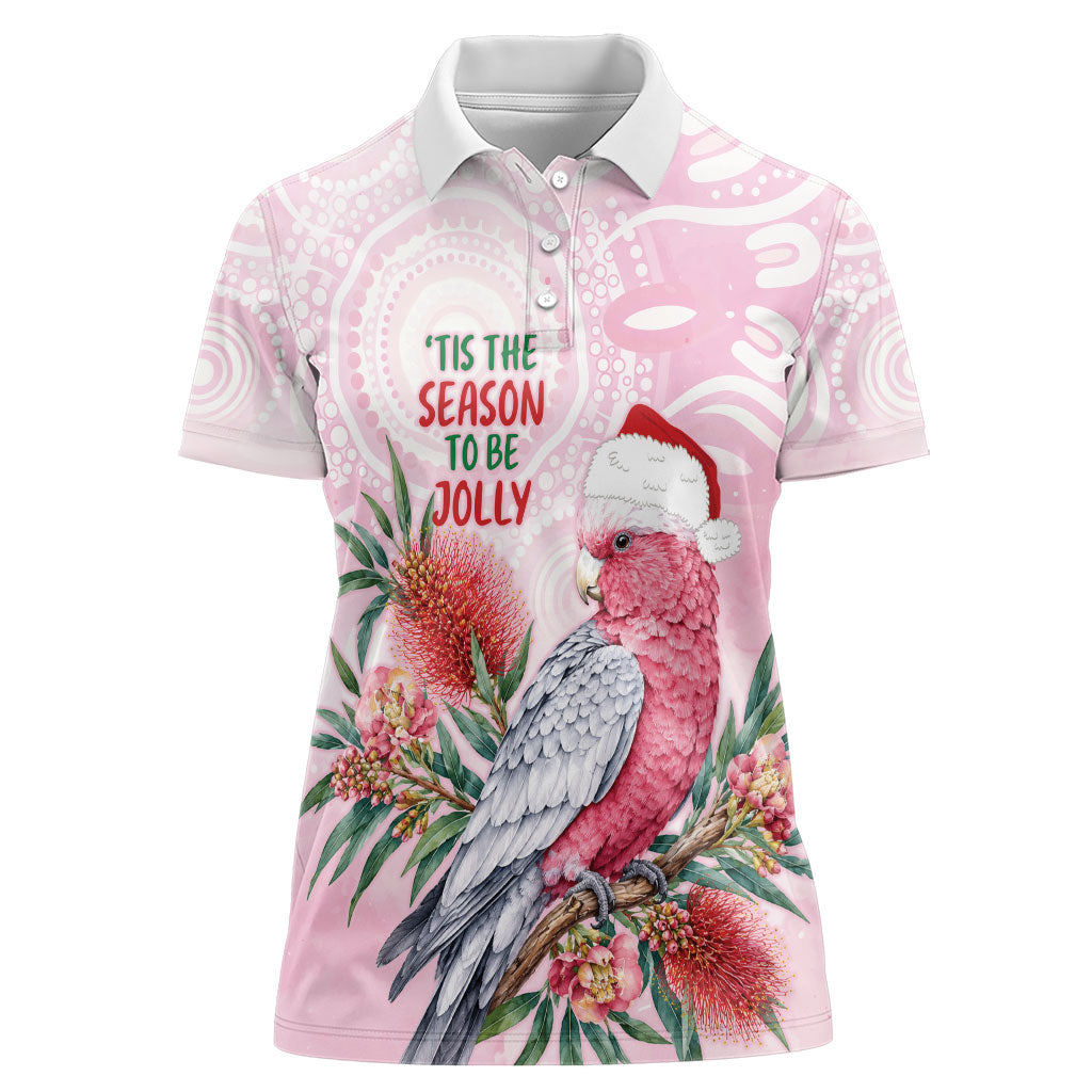 Pink Galah Christmas Australia Women Polo Shirt Watercolor Painting Aboriginal Art
