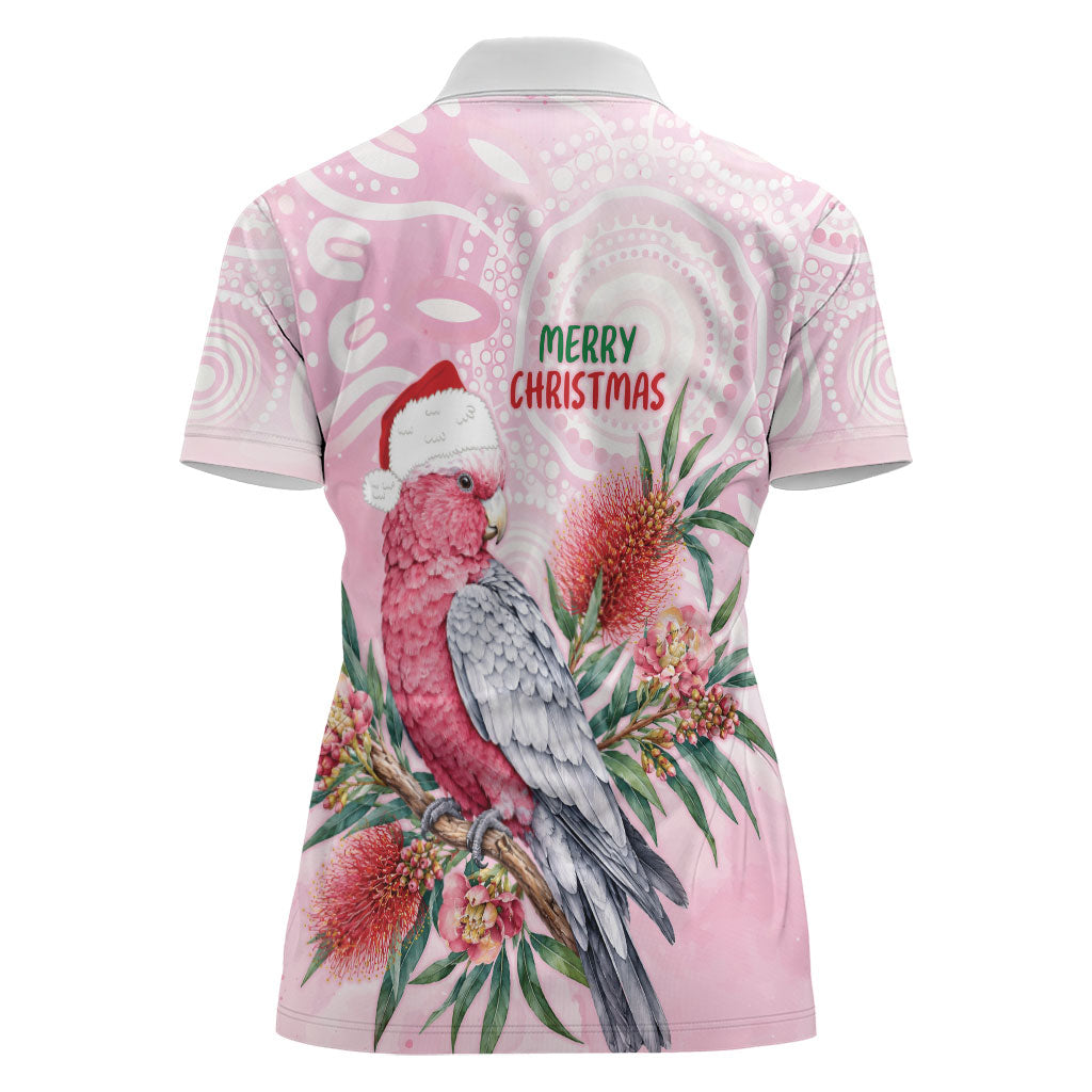 Pink Galah Christmas Australia Women Polo Shirt Watercolor Painting Aboriginal Art