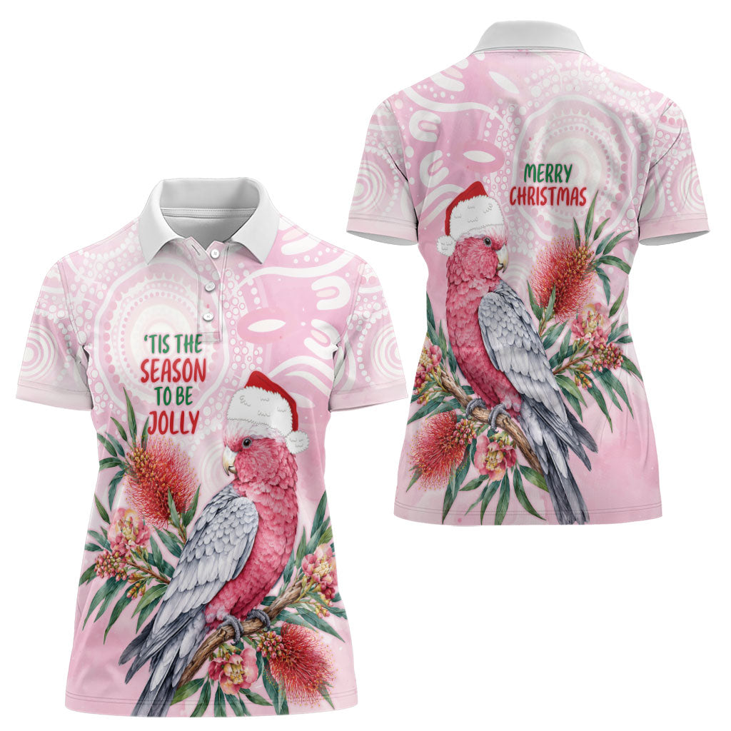 Pink Galah Christmas Australia Women Polo Shirt Watercolor Painting Aboriginal Art