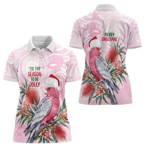 Pink Galah Christmas Australia Women Polo Shirt Watercolor Painting Aboriginal Art