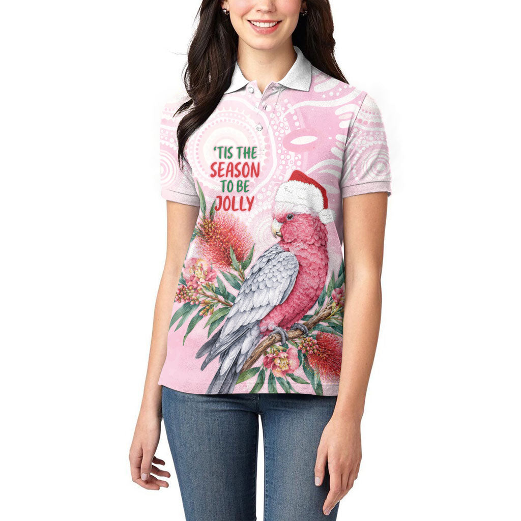 Pink Galah Christmas Australia Women Polo Shirt Watercolor Painting Aboriginal Art
