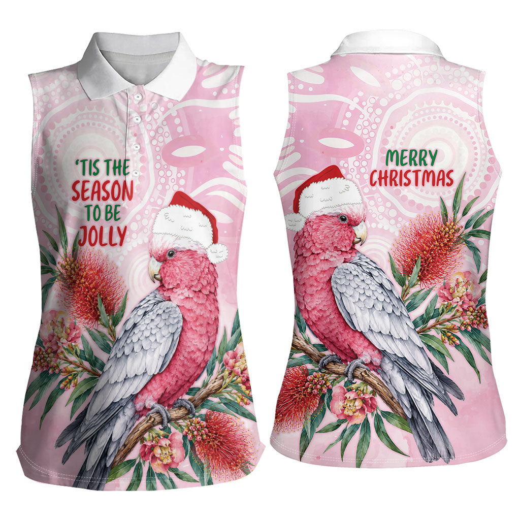 Pink Galah Christmas Australia Women Sleeveless Polo Shirt Watercolor Painting Aboriginal Art