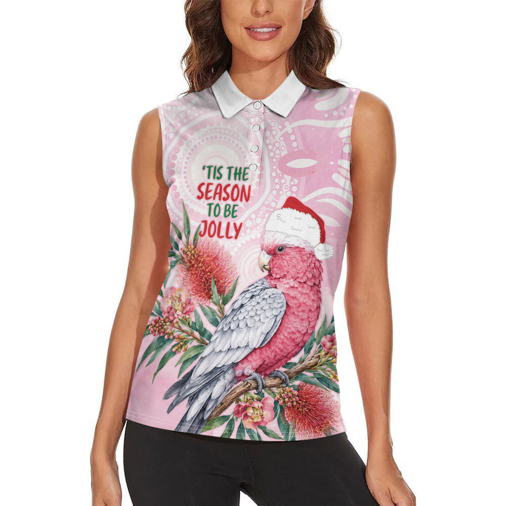 Pink Galah Christmas Australia Women Sleeveless Polo Shirt Watercolor Painting Aboriginal Art