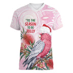 Pink Galah Christmas Australia Women V-Neck T-Shirt Watercolor Painting Aboriginal Art