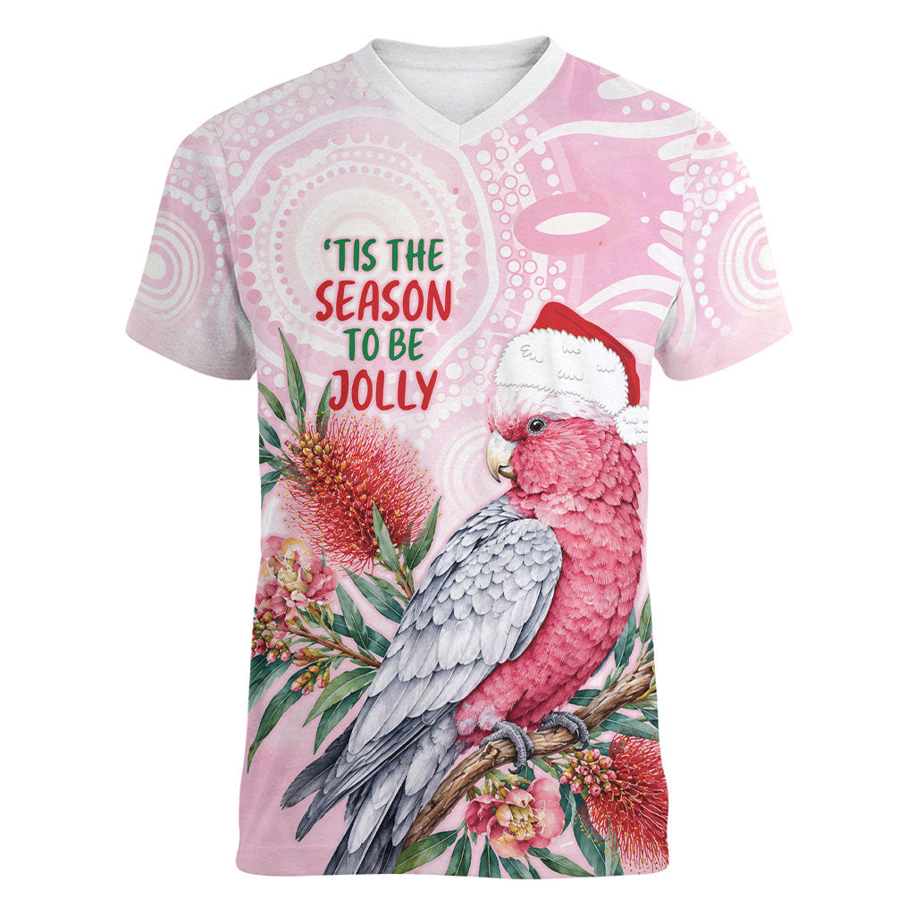 Pink Galah Christmas Australia Women V-Neck T-Shirt Watercolor Painting Aboriginal Art