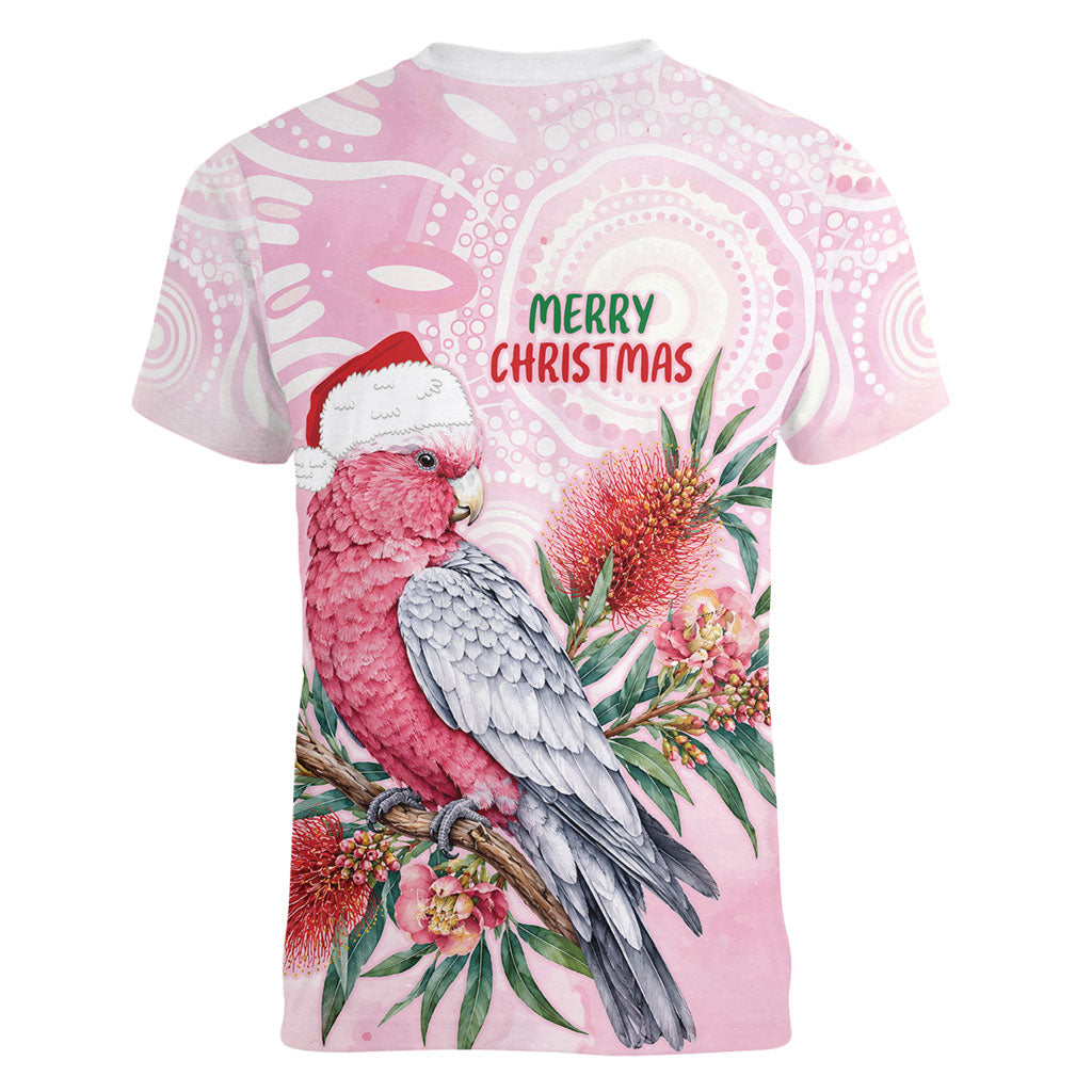 Pink Galah Christmas Australia Women V-Neck T-Shirt Watercolor Painting Aboriginal Art