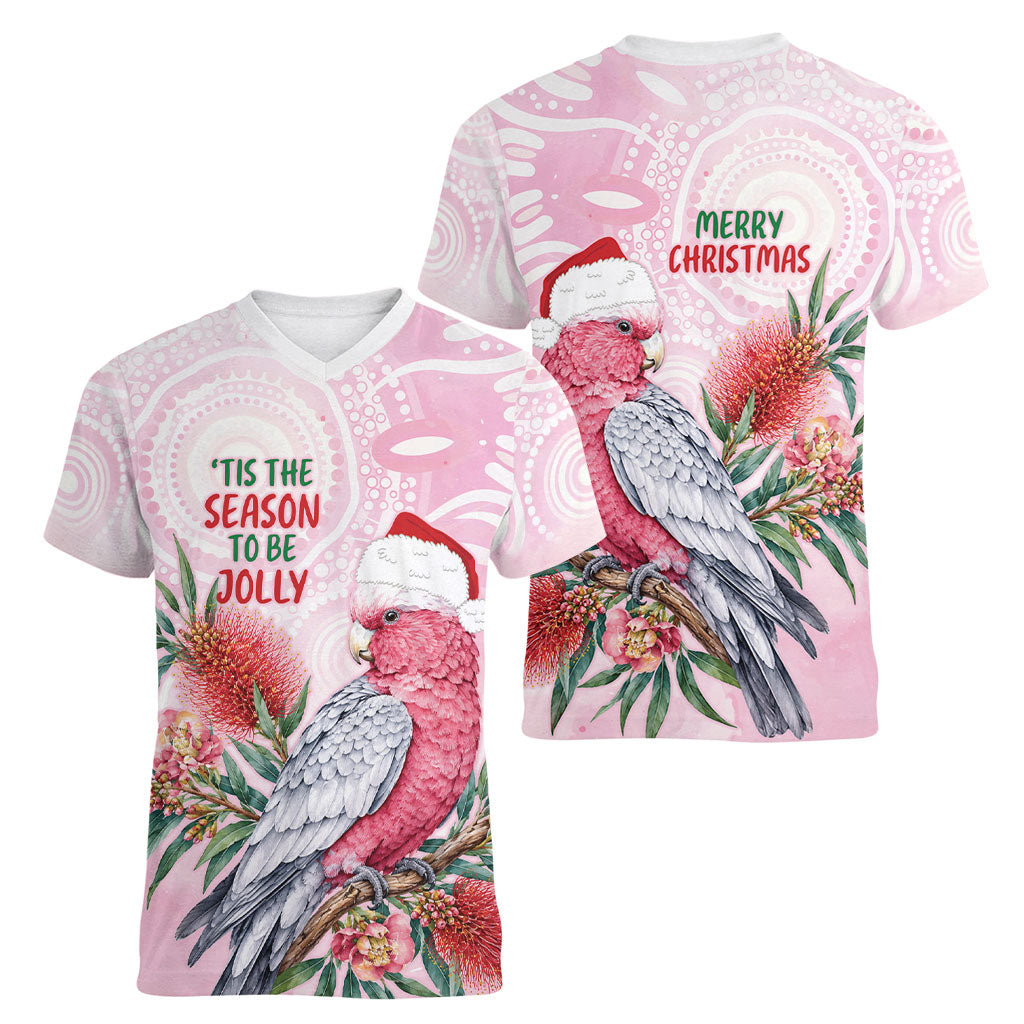 Pink Galah Christmas Australia Women V-Neck T-Shirt Watercolor Painting Aboriginal Art