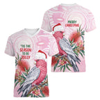 Pink Galah Christmas Australia Women V-Neck T-Shirt Watercolor Painting Aboriginal Art
