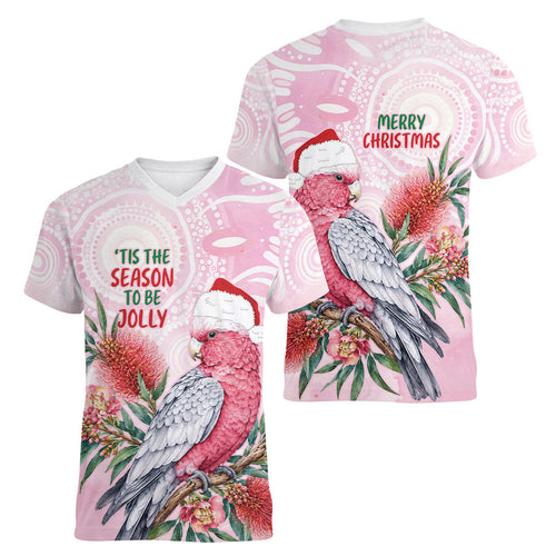 Pink Galah Christmas Australia Women V-Neck T-Shirt Watercolor Painting Aboriginal Art