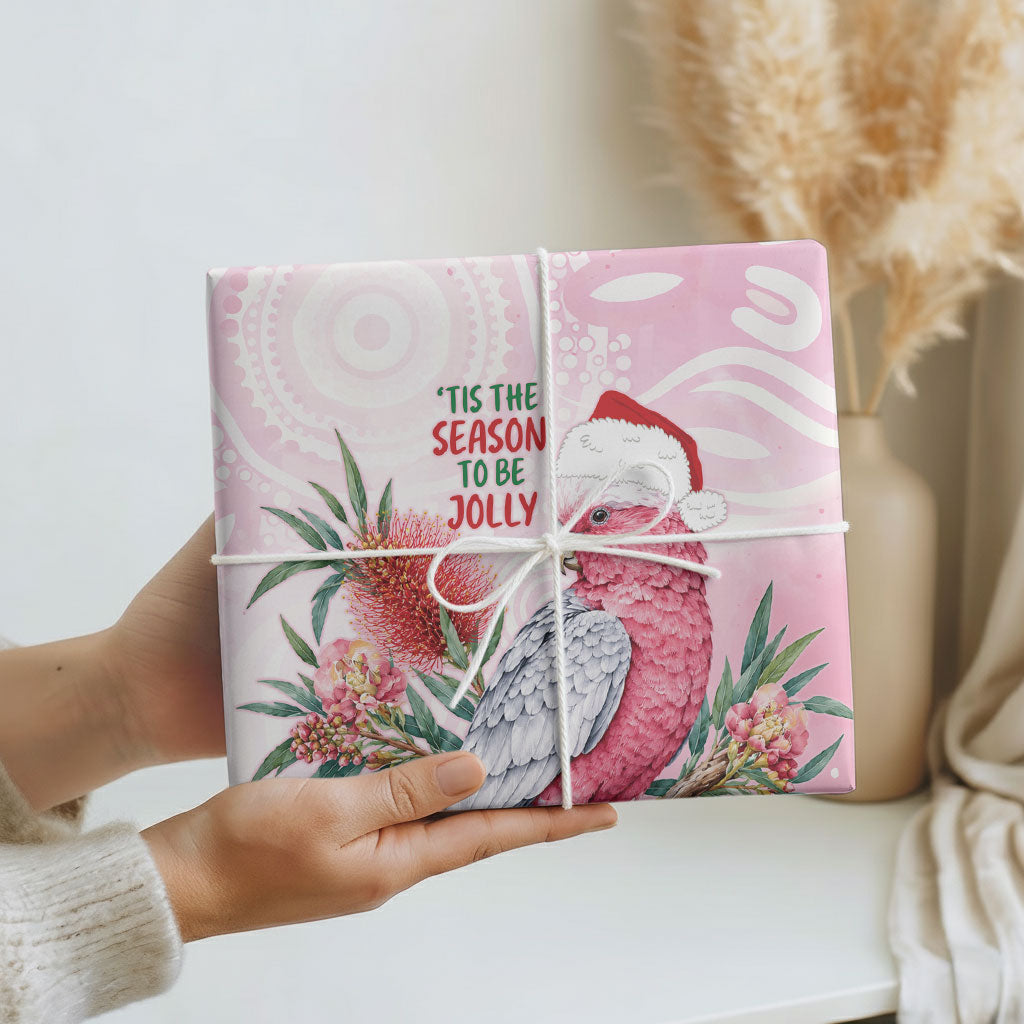 Pink Galah Christmas Australia Wrapping Paper Watercolor Painting Aboriginal Art
