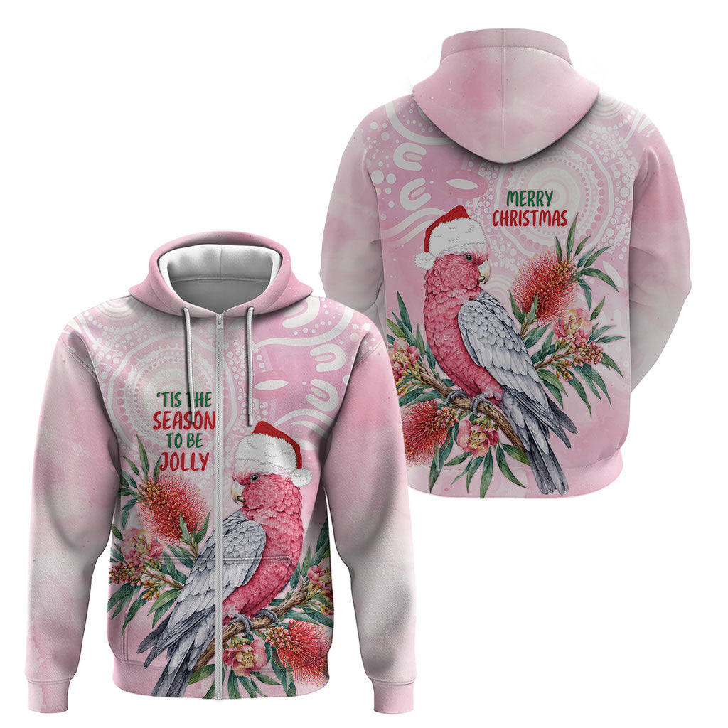 Pink Galah Christmas Australia Zip Hoodie Watercolor Painting Aboriginal Art