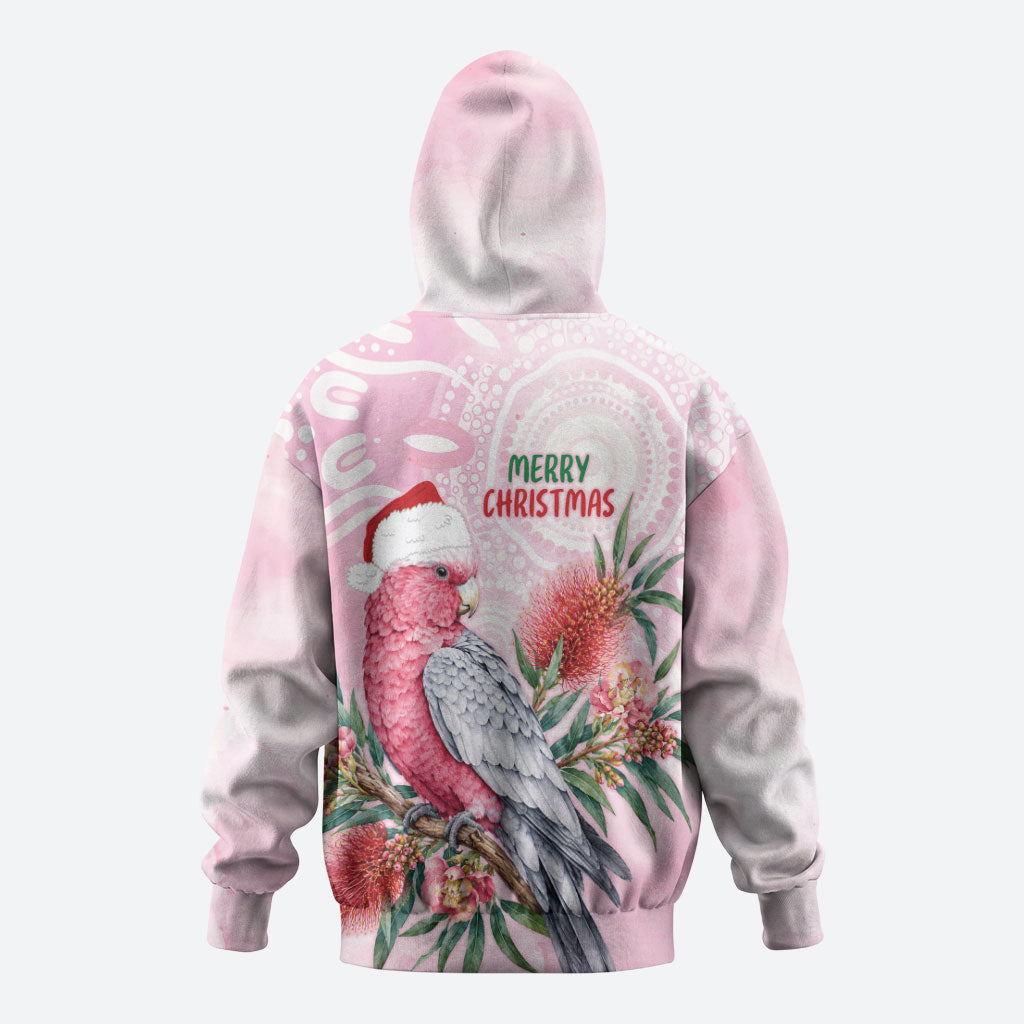 Pink Galah Christmas Australia Zip Hoodie Watercolor Painting Aboriginal Art