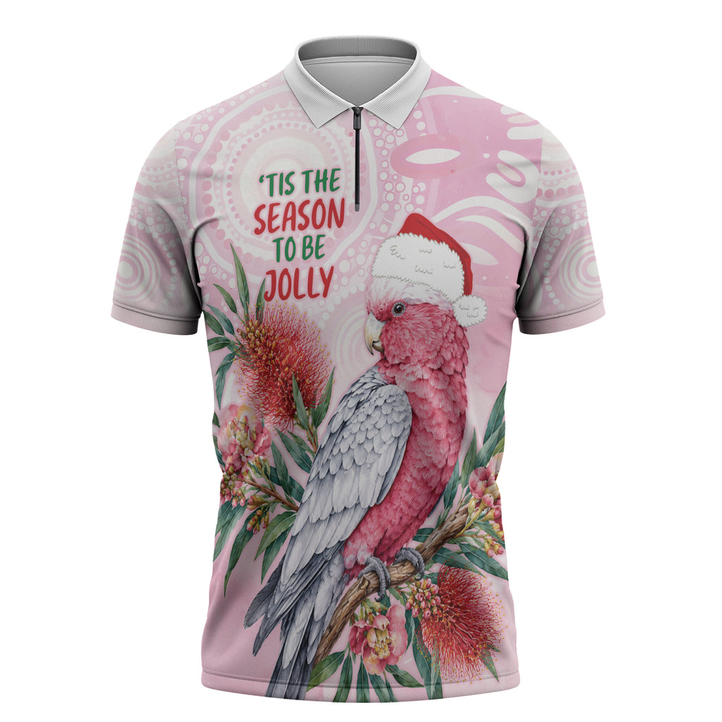 Pink Galah Christmas Australia Zipper Polo Shirt Watercolor Painting Aboriginal Art