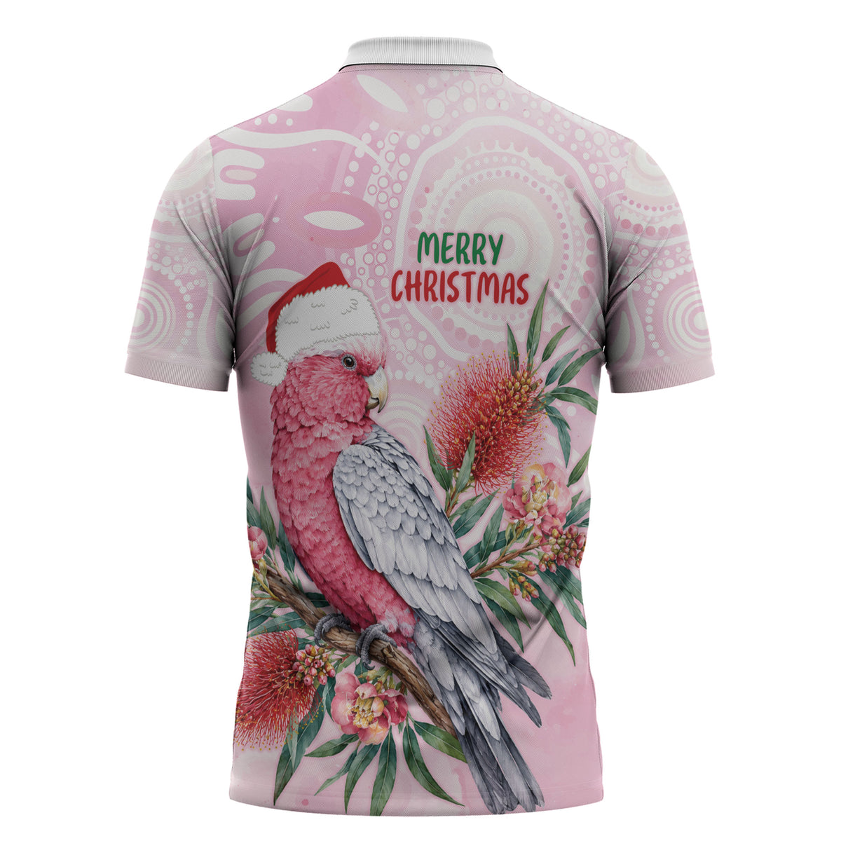 Pink Galah Christmas Australia Zipper Polo Shirt Watercolor Painting Aboriginal Art