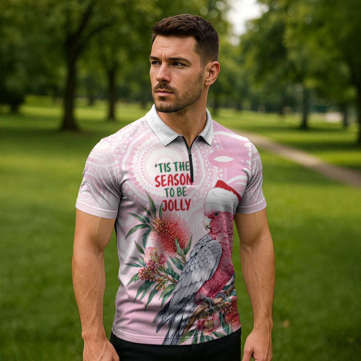 Pink Galah Christmas Australia Zipper Polo Shirt Watercolor Painting Aboriginal Art