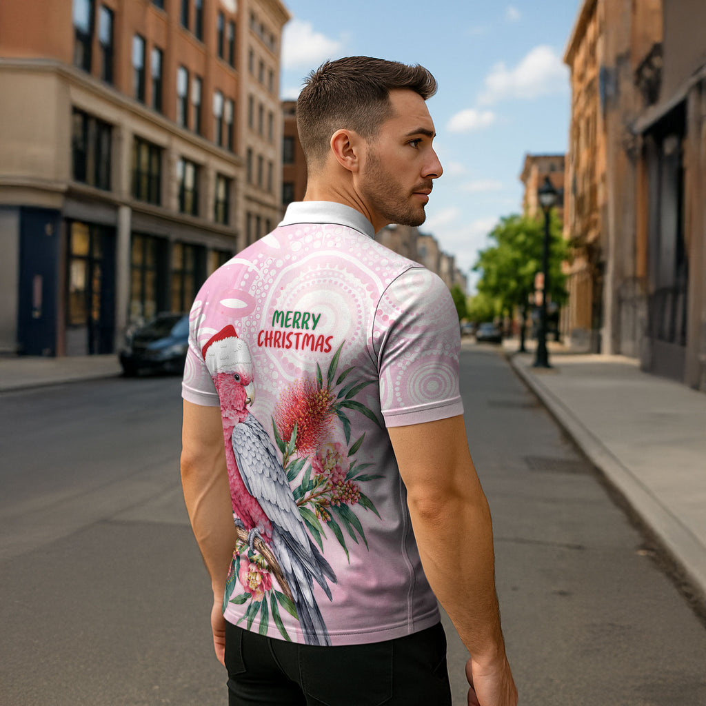 Pink Galah Christmas Australia Zipper Polo Shirt Watercolor Painting Aboriginal Art