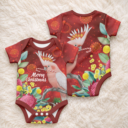 Australia Pink Cockatoo Christmas Baby Onesie Aussie Native Flowers Merry Xmas - Red