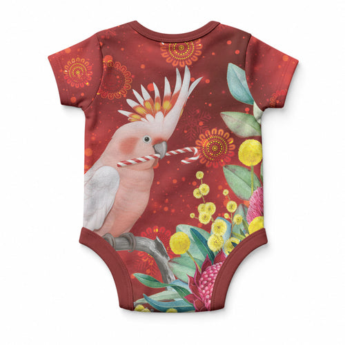 Australia Pink Cockatoo Christmas Baby Onesie Aussie Native Flowers Merry Xmas - Red