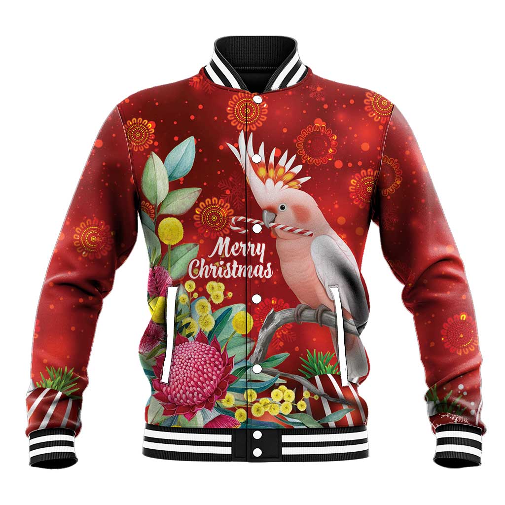 Australia Pink Cockatoo Christmas Baseball Jacket Aussie Native Flowers Merry Xmas - Red - Aussie Hoodie