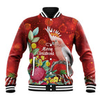 Australia Pink Cockatoo Christmas Baseball Jacket Aussie Native Flowers Merry Xmas - Red - Aussie Hoodie