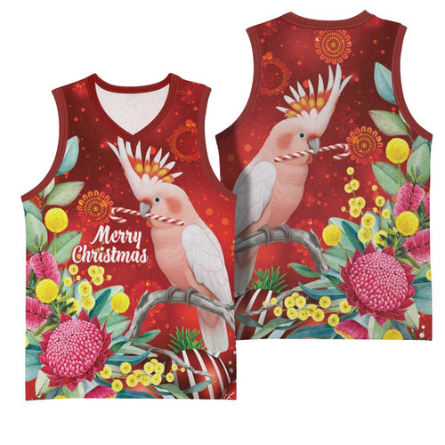 Australia Pink Cockatoo Christmas Basketball Jersey Aussie Native Flowers Merry Xmas - Red - Aussie Hoodie