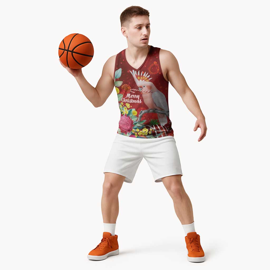 Australia Pink Cockatoo Christmas Basketball Jersey Aussie Native Flowers Merry Xmas - Red - Aussie Hoodie