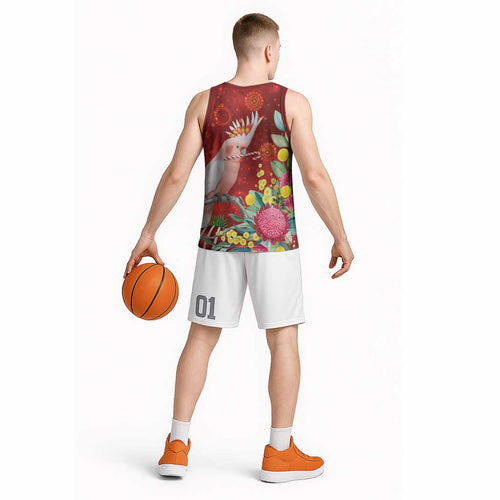 Australia Pink Cockatoo Christmas Basketball Jersey Aussie Native Flowers Merry Xmas - Red - Aussie Hoodie