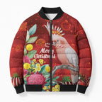 Australia Pink Cockatoo Christmas Bomber Puffer Jacket Aussie Native Flowers Merry Xmas - Red - Aussie Hoodie