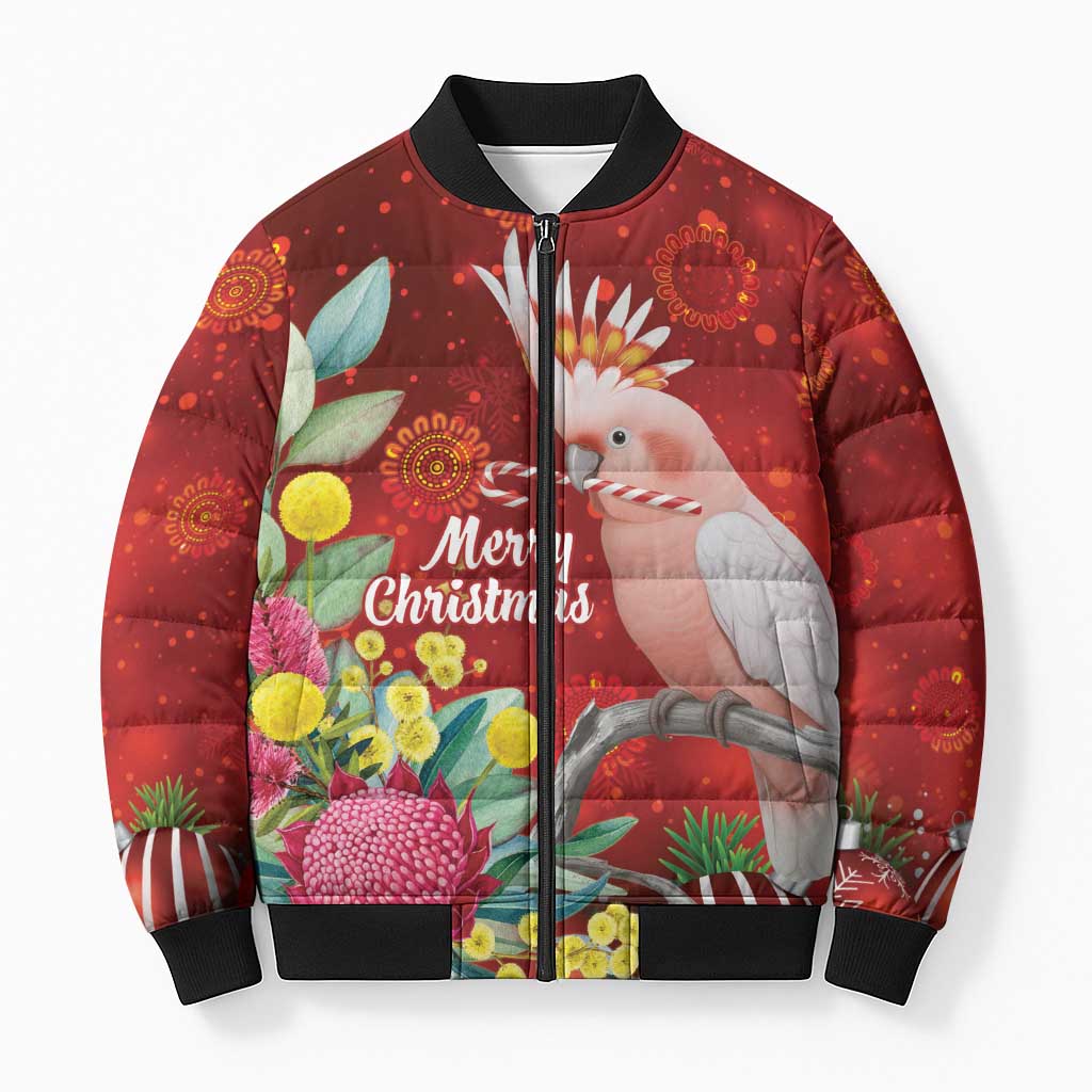 Australia Pink Cockatoo Christmas Bomber Puffer Jacket Aussie Native Flowers Merry Xmas - Red - Aussie Hoodie