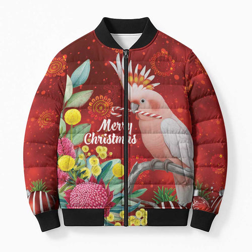 Australia Pink Cockatoo Christmas Bomber Puffer Jacket Aussie Native Flowers Merry Xmas - Red - Aussie Hoodie