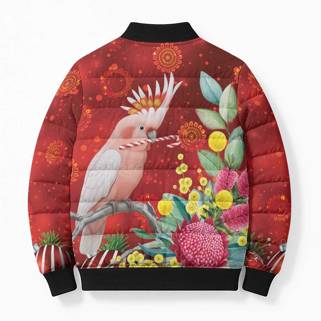 Australia Pink Cockatoo Christmas Bomber Puffer Jacket Aussie Native Flowers Merry Xmas - Red - Aussie Hoodie