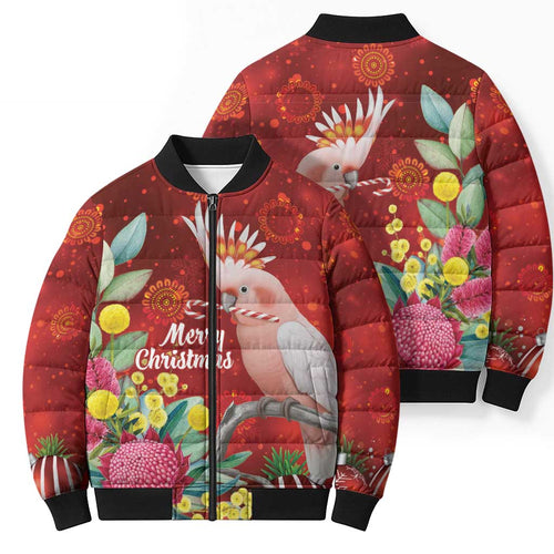 Australia Pink Cockatoo Christmas Bomber Puffer Jacket Aussie Native Flowers Merry Xmas - Red - Aussie Hoodie