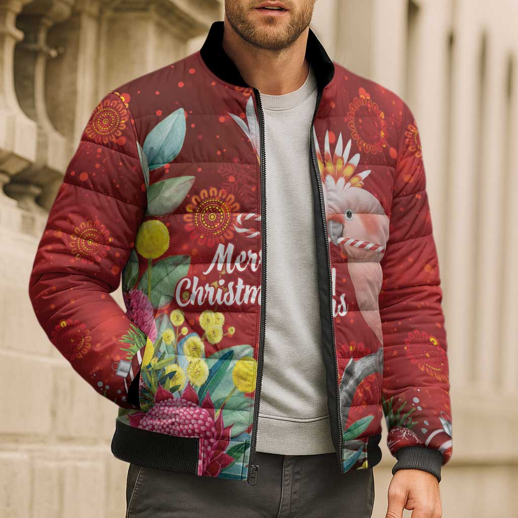 Australia Pink Cockatoo Christmas Bomber Puffer Jacket Aussie Native Flowers Merry Xmas - Red - Aussie Hoodie