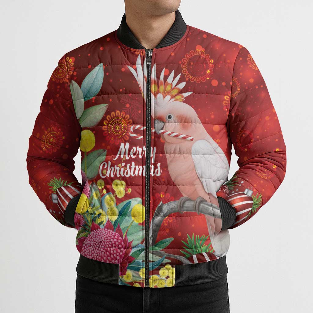 Australia Pink Cockatoo Christmas Bomber Puffer Jacket Aussie Native Flowers Merry Xmas - Red - Aussie Hoodie