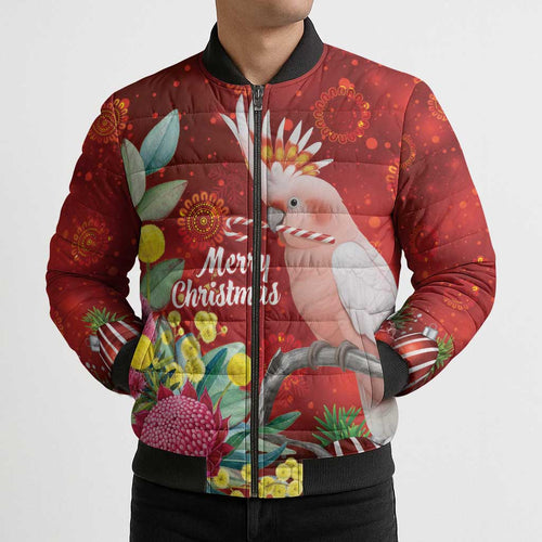 Australia Pink Cockatoo Christmas Bomber Puffer Jacket Aussie Native Flowers Merry Xmas - Red - Aussie Hoodie